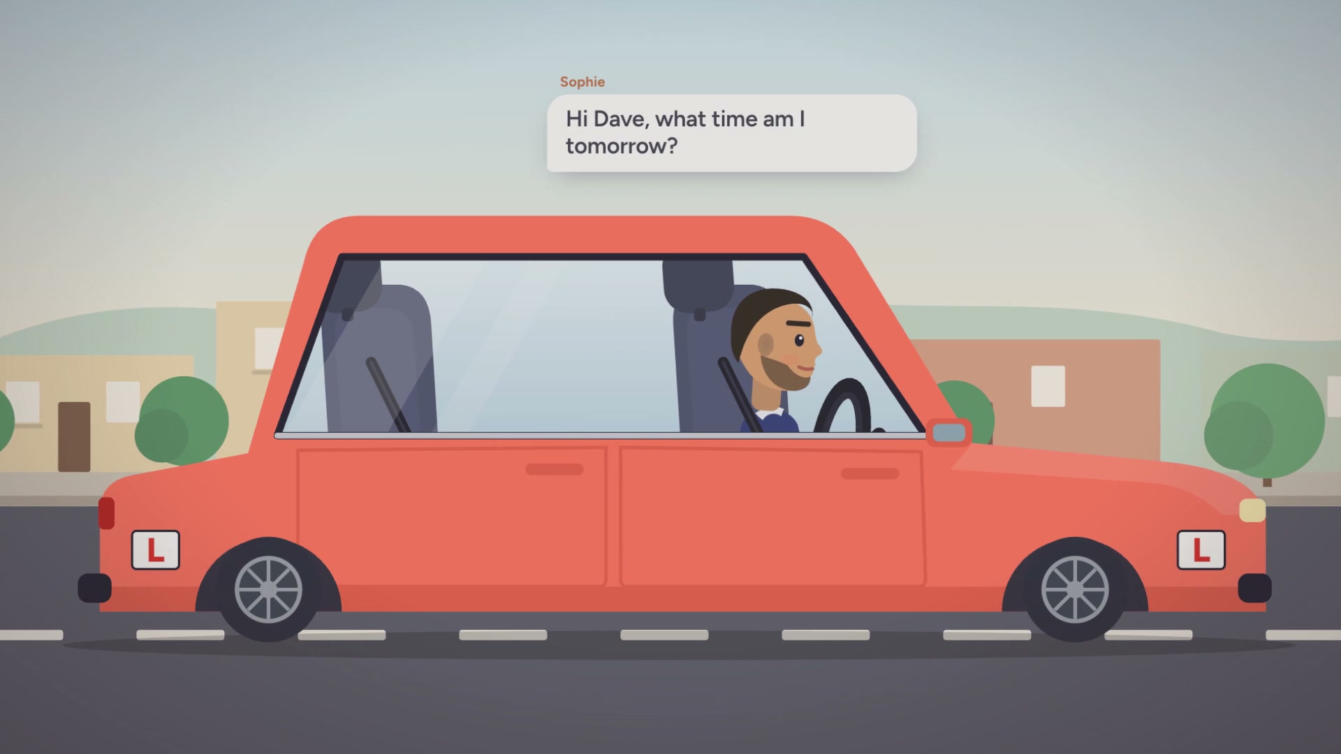 Dave in his learner car, with Sophie's text asking what time her lesson is tomorrow